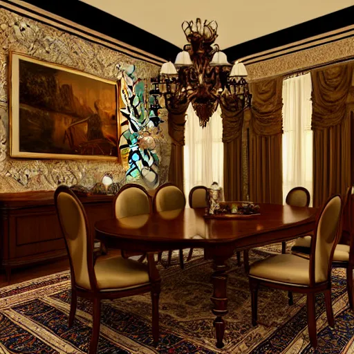 Prompt: Dining room, luxury, Victorian, artgerm, 35mm photography, hyper realistic, 8K, cool lighting, sleek, bed, cabinet furniture, large windows to forest at night