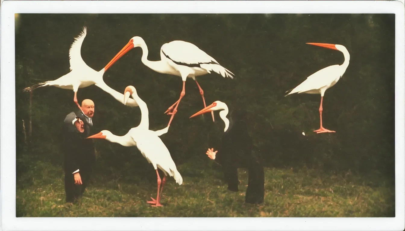 Image similar to polaroid picture of russian man yelling at stork, very detailed, 8 k