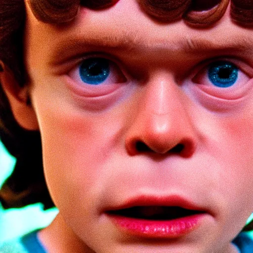 Prompt: film still of willem dafoe as Eleven in stranger things, 35mm kodachrome diffuse closeup, beauty shot, styleframe