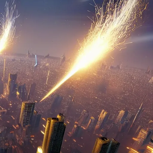 Image similar to meteorites striking the city, annihilating it, 4 k highly detailed