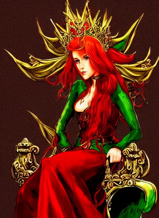 Prompt: Half body portrait of a beautiful red haired elven queen in red and green dress with golden crown sitting on a throne with haughty look. In style of Yoji Shinkawa, dark fantasy, great composition, concept art, brush strokes.