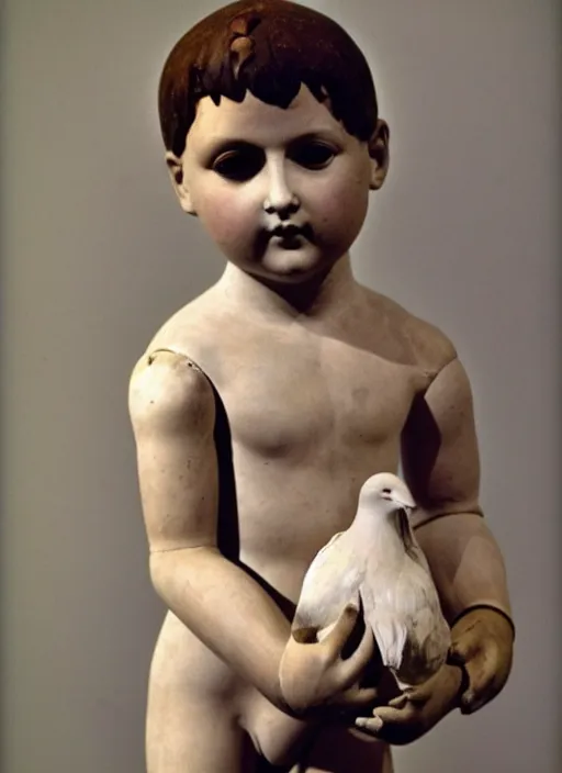 Image similar to realistic photo of a a boy with a pigeons, ancient greek sculpture realistic doll made of white detailed clay and black wooden brushwood, 1 9 6 0, life magazine photo, natural colors, metropolitan museum, kodak