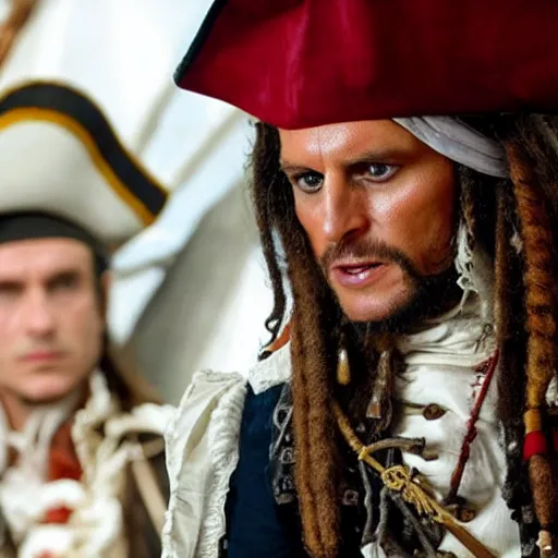 Prompt: emmanuel macron in pirates of the caribbean movie, full body shot, highly - detailed, sharp focus, award - winning