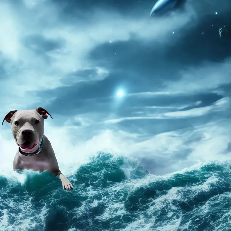 Prompt: photo of a gray coat pit bull with white paws, surfing on a surfboard in a crashing wave of alien ocean in space, background is an alien galaxy, aliens in the background, alien colors, octane render, unreal engine, wide view, 8 k, high detaild