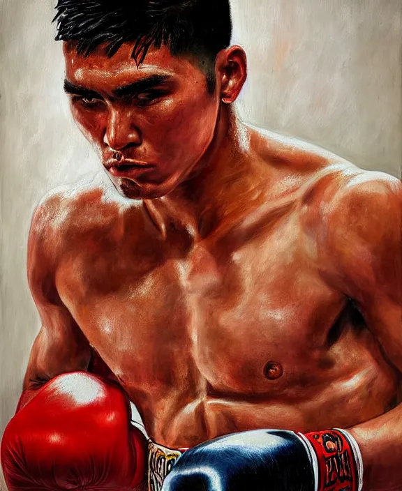 Image similar to heroic portrait of a handsome young mexican boxer. art by denys tsiperko and bogdan rezunenko, hyperrealism