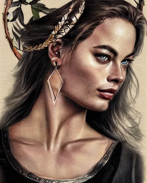 Image similar to realism tattoo sketch of margot robbie as a beautiful greek goddess aphrodite with piercing eyes wearing a laurel wreath and triangle earrings, in the style of greg rutkowski, amazing detail