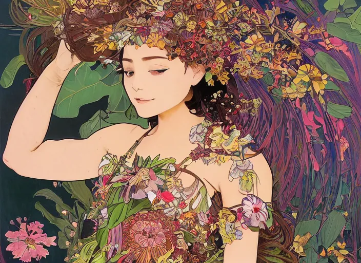 Prompt: !!! very coherent!!! oil painting, beautiful floralpunk iban bio mechanical full body girl female illustration detailed patterns art of sarawak traditional dress, flower pop art, floral splash painting, art by ashley wood, alphonse mucha, makoto shinkai, geof darrow, dark shadow