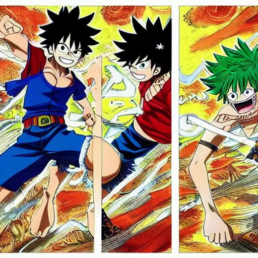 Prompt: midoriya versus luffy, Kazuki Takahashi, manga style, epic, intricate details, high details