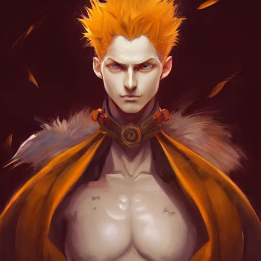 Image similar to portrait of hisoka hunter hunter, male, upper body sharp jaw yellow eyes small eyes red hair, medium length hair, anime, fantasy, intricate, elegant, highly detailed, digital painting, artstation, concept art, matte, sharp focus, illustration, art by artgerm and greg rutkowski and alphonse mucha