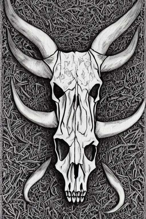 Image similar to Portrait of a Texas Longhorn Skull, with skull bone ornately carved with delicate patterns, tritone, mixed media, fine linework, pen and ink, symmetry