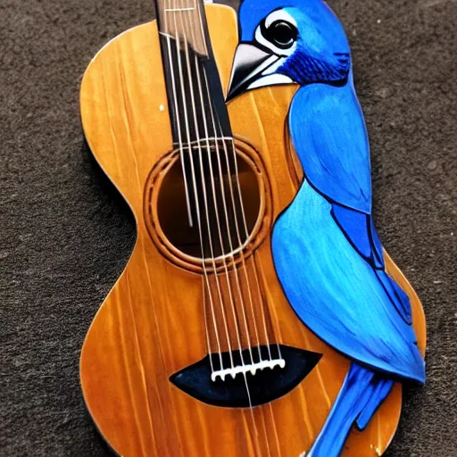 Prompt: bluejay standing on a guitar