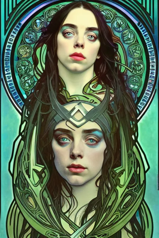 Image similar to Billie Eilish as female loki by alphonse mucha, hyper detail, hyper realistic