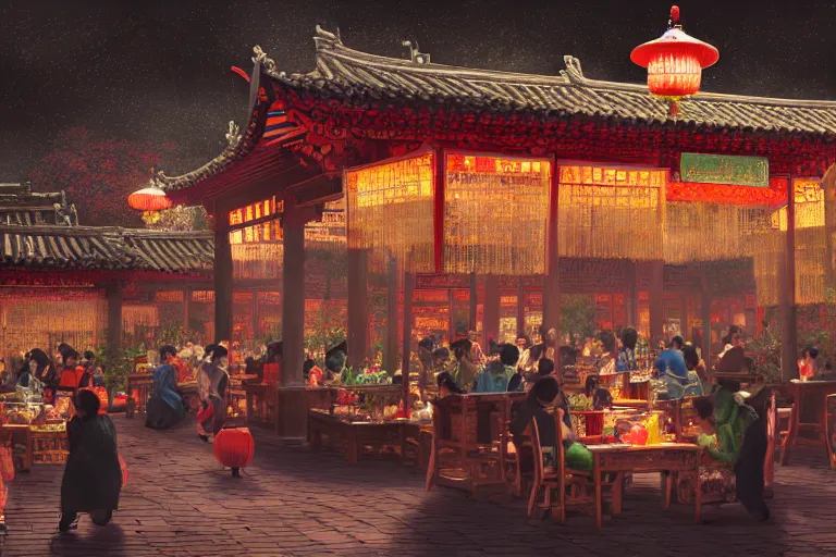 Prompt: a bustling tea house in china, lit by paper lanterns, at night, fantasy art, highly detailed digital art, trending on artstation