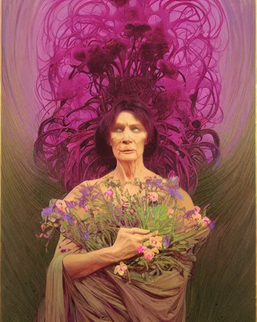 Image similar to purple and pink flowerpunk portrait of a fierce old matriarch by paul lehr, beksinski, alphonse mucha