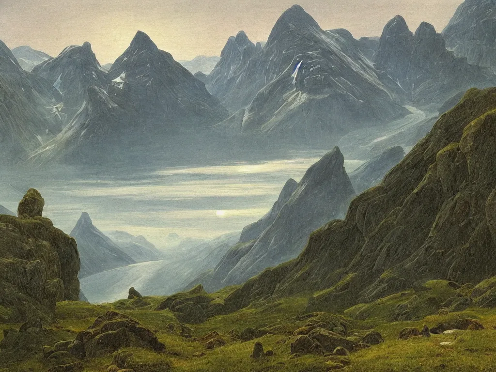 Image similar to a painting of a majestic mountainous landscape of norway in summer by caspar david friedrich, high detail,