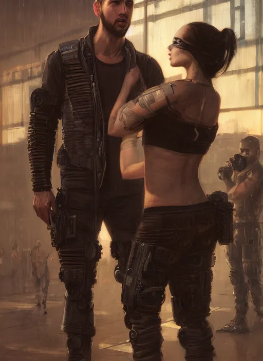 Image similar to cyberpunk jujitsu instructor. cyberpunk mercenary in a military vest ( blade runner 2 0 4 9, cyberpunk 2 0 7 7 ). orientalist portrait by john william waterhouse and james gurney and theodore ralli and nasreddine dinet, oil on canvas. cinematic, hyper realism, realistic proportions, dramatic lighting, high detail 4 k