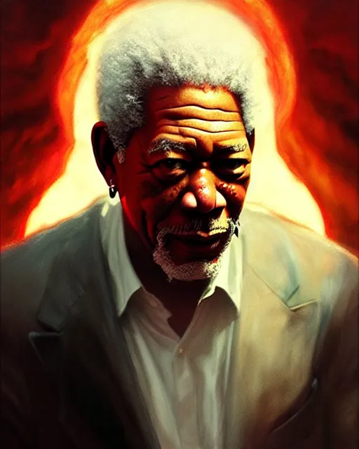 Image similar to morgan freeman as god of hell | | realistic shaded, fine details, realistic shaded lighting painting by greg rutkowski, diego gisbert llorens, magali villeneuve, artgerm, jeremy lipkin, michael garmash, rob rey