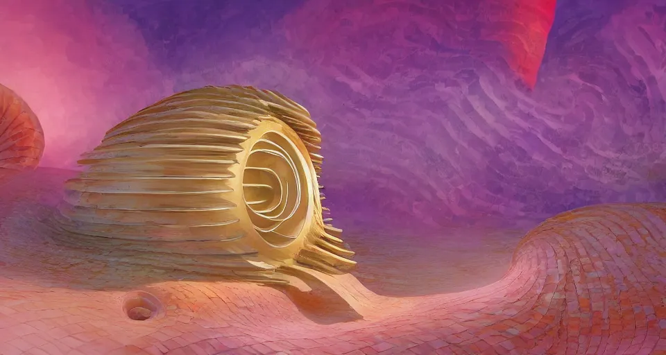 Image similar to digital painting of a tiny sacred spiral, procedural seashell house surrounded by dreamy coral, syd mead, tadao ando, cell shaded graphics, concept art, minimalist, golden ratio