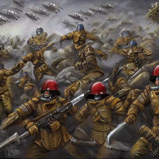 Image similar to Imperial Guard soldiers several people are holding the defense against a swarm of terranids, super quality,4k Artist - Phil Moss