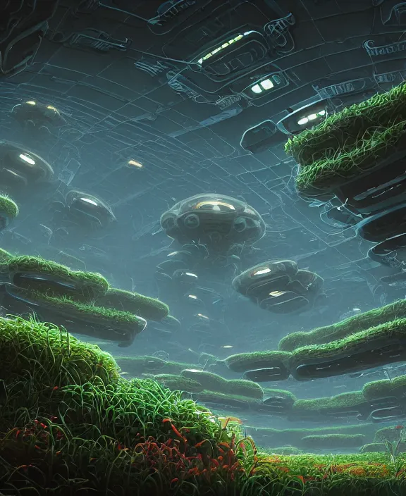 Prompt: simplicity, a simple bunker made out of exotic fungus, overgrown with weird smooth fungus and tendrils, spaceship, sci - fi, robots, noon, somber, partly cloudy, by dan mumford, yusuke murata, makoto shinkai, ross tran, cinematic, unreal engine, cel shaded, featured on artstation, pixiv