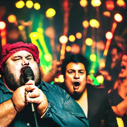 Prompt: a fat gipsy man screams into a mic during a huge party, award winning photograph, colorful