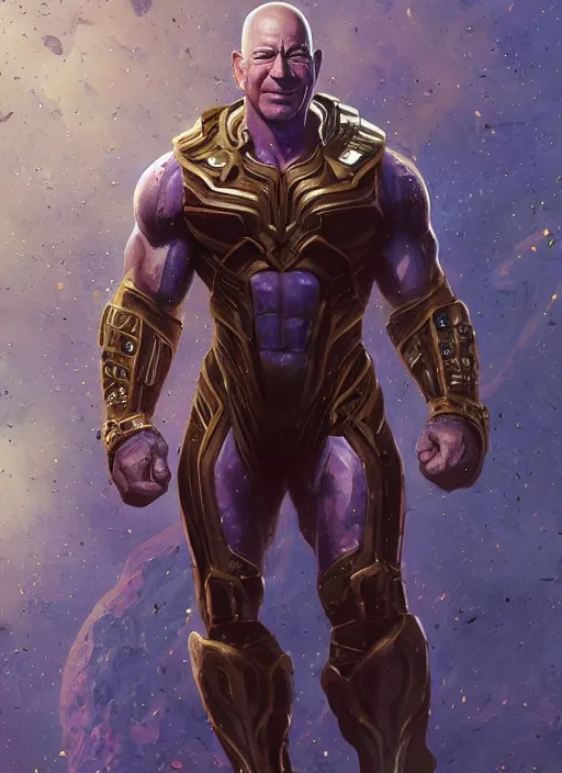 Image similar to jeff bezos is a muscular bodybuilder and is wearing thanos armor, au naturel, hyper detailed, digital art, trending in artstation, cinematic lighting, studio quality, smooth render, unreal engine 5 rendered, octane rendered, art style by klimt and nixeu and ian sprigger and wlop and krenz cushart.