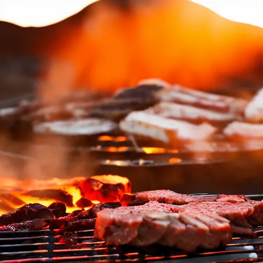 Prompt: bbq party inside of an active volcano, meat, lava, party, at golden hour, bokeh, 3 2 megapixel