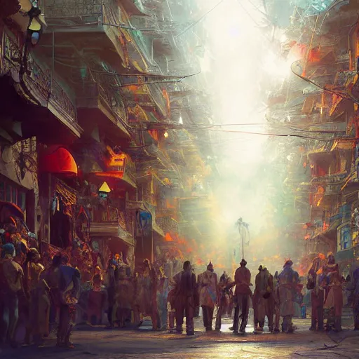 Image similar to carnaval de barranquilla, comprehensive art, thorough details, intricate, artstation, atmosphere, highly detailed, symmetrical, craig mullins, cinematic, digital painting, deviantart, cinematic lighting, 4 k