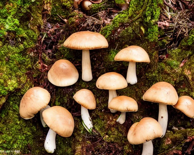 Image similar to a cluster of mushrooms in a forest, moss, autumn, warm colors, photography, depth of field