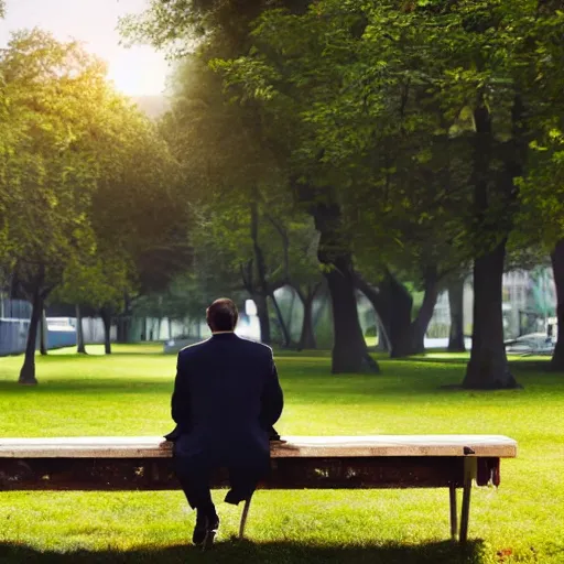 Prompt: A businessman is sitting on a bench eating lunch in a park. Behind him is a tall ladder looming over him, shadows, realistic, 4k