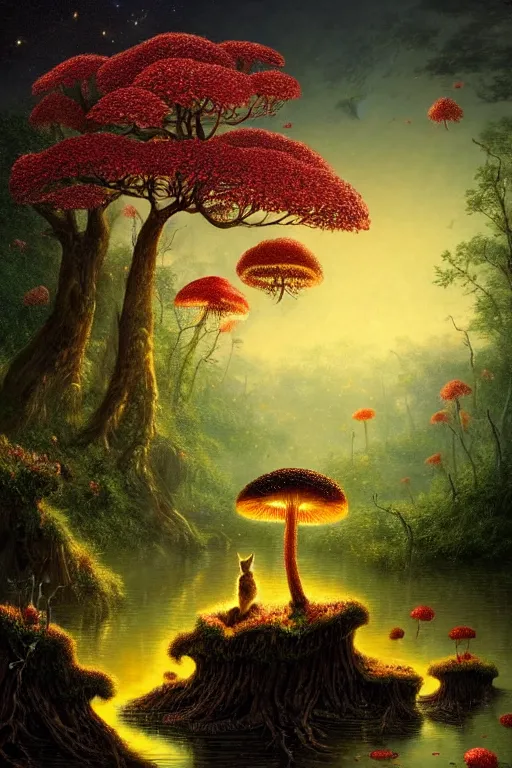 Prompt: a beautiful digital illustration painting of a detailed fantasy fireflies lake and roots, dark mushroom, speckled mushroom, kittens, flowers by benoit b. mandelbrot, steven belledin, martin johnson heade, lee madgwick, caspar david friedrich, and david rios ferreira. 8 k resolution trending on artstation concept art digital illustration