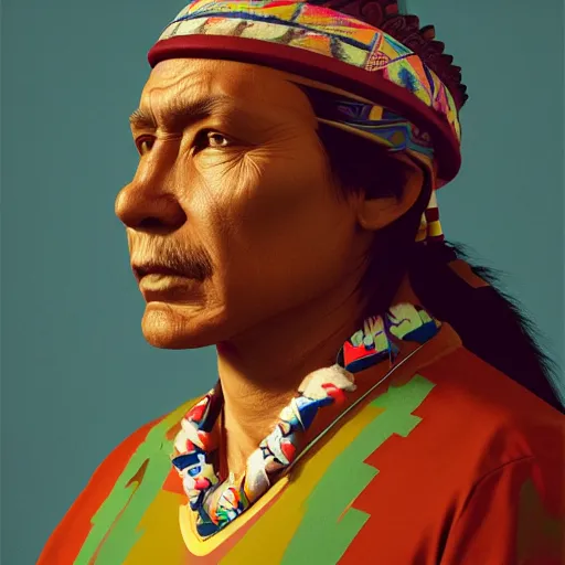 Prompt: abstract 3d portrait Native American in his traditional clothes age 40 by james jean and Jason Chan, rendering, redshift, octane