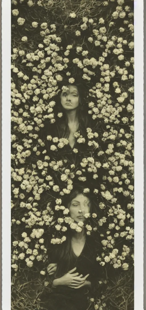 Image similar to portrait of a beautiful woman covered in flowers, Forest, ray gods, 1910 polaroid photography