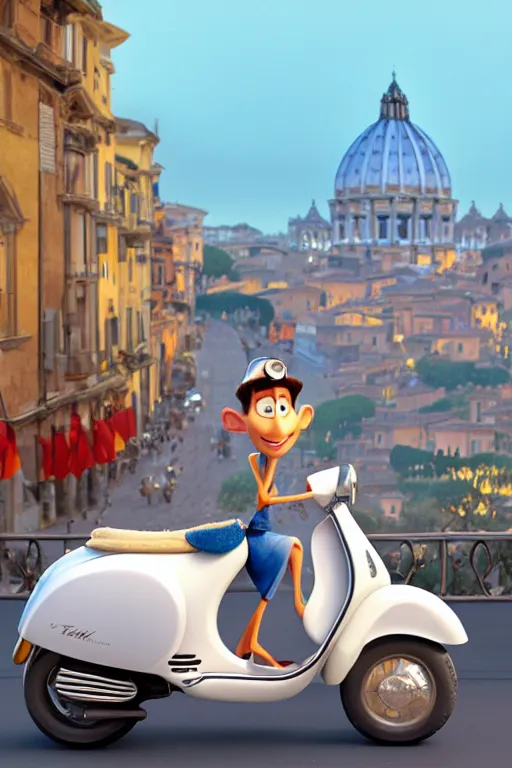 Prompt: portrait of italian holding white teacup in front of a vespa and rome in background, full body. pixar disney 4 k 3 d render funny animation movie oscar winning trending on artstation and behance, ratatouille style