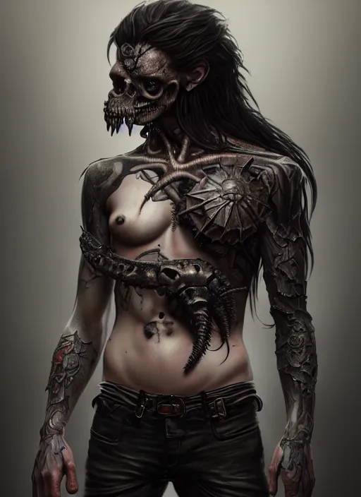 Image similar to ultra realistic, male human predator, goth, tattoos, leather, fantasy, flesh, bone, body horror, intricate details, eerie, highly detailed, octane render, 8 k, art by artgerm and alphonse mucha and greg rutkowski