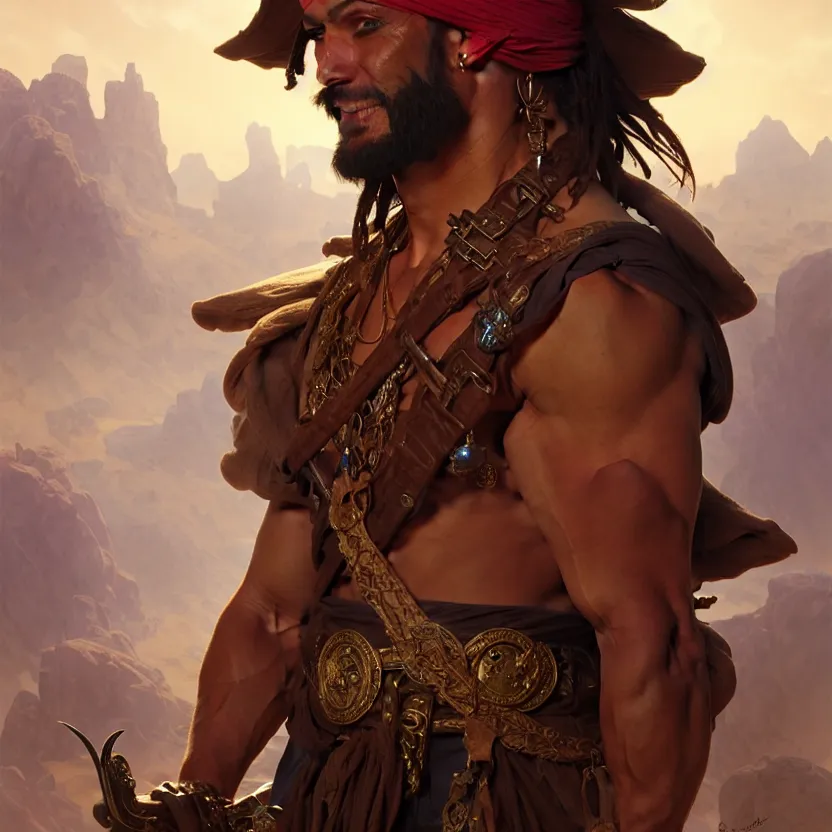 Prompt: , portrait of a 1 male pirate captain of the desert, muscular upper body, D&D, fantasy, intricate, elegant, highly detailed, digital painting, artstation, concept art, smooth, sharp focus, illustration, art by artgerm and greg rutkowski and alphonse mucha