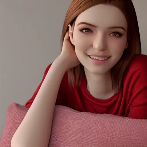 Image similar to 3 d render of a cute thin young woman, red blush, wearing casual clothes, small smile, relaxing on a couch, cuddling up under a blanket cozy living room, medium shot, 8 k, octane render, trending on artstation, art by artgerm, unreal engine 5, hyperrealism, hyperdetailed, ultra realistic