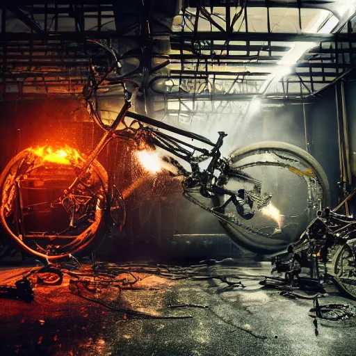 Image similar to bicycle mecha, dark messy smoke - filled cluttered workshop, dark, dramatic lighting, orange tint, sparks, cinematic, highly detailed, sci - fi, futuristic, movie still