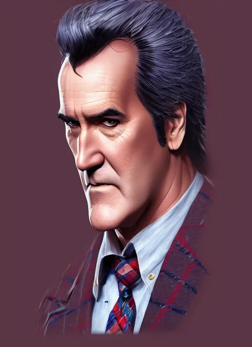 Prompt: a potrait of bruce campbell clothed in tweed as an anime, fine, realistic, shaded, lighting, ilya, kuvshinov, katsuhiro, artgerm, jeremy, lipkin, michael, garmash, unreal, engine, 5, radiant, light, detailed, intricate, environment