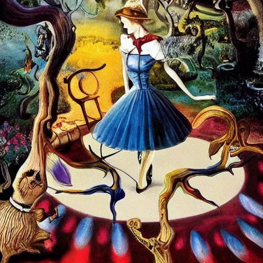 Image similar to Alice in Wonderland, painted by Salvador Dali, realistic painting, masterful painting