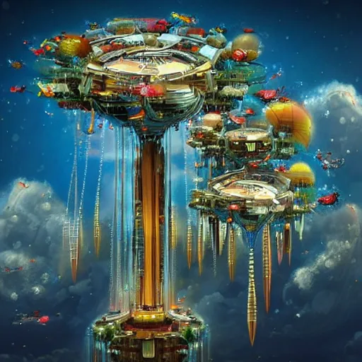 Prompt: flying city in a mechanical flower, sky, fantasy art