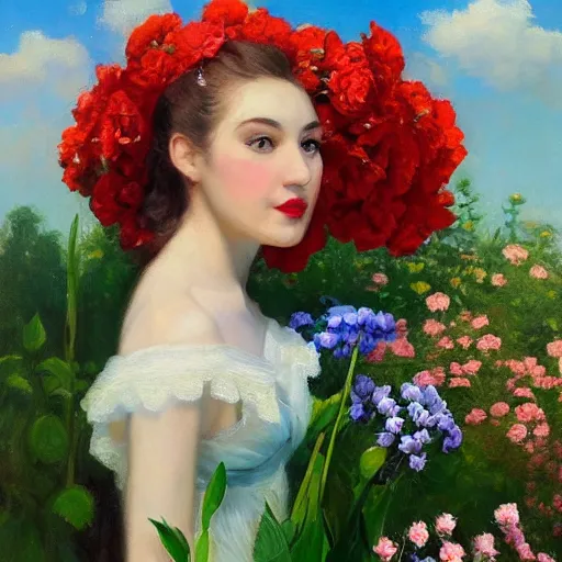 Image similar to a portrait of a romantic woman with flowers grow out of hair, roses peonies forget-me-nots dahlias lupins gladioli, sky theme in background, by Alexandr Averin, Digital Art, Trending on artstation