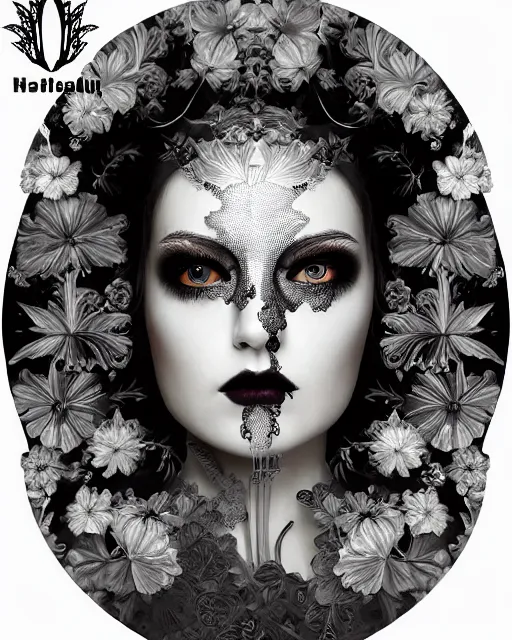 Image similar to monochrome profile portrait painting, dutch masters, silver lace floral steampunk biomechanical beautiful young female cyborg with one fluo techno eye, monocular, volumetric light, leaves foliage and stems, hibiscus flowers, rim light, big gothic fashion pearl embroidered collar, 8 k