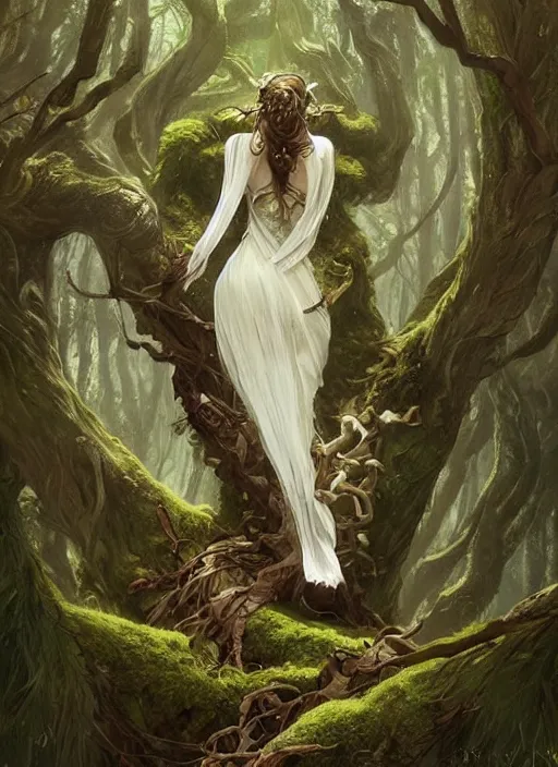 Prompt: a woodland spirit made of wood and moss, growing out of the side of a tree, beautiful high quality fantasy art, trending on artstation by artgerm and greg rutkowski and alphonse mucha