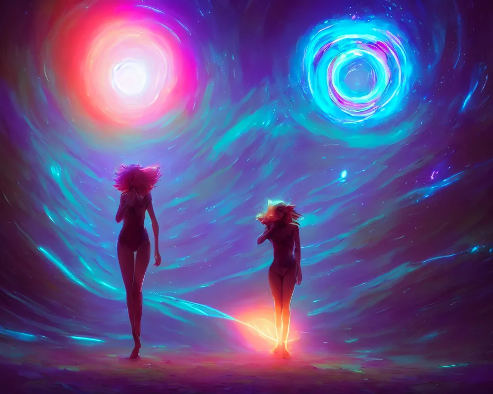 Image similar to a beautiful whimsical woman standing under a multi-colored binary blackhole with an accretion disc, casting magic, glowing trails following her arms, digital art, by Lois van Baarle, by Greg Rutkowski, by artgerm, by beeple, by studio ghibli, cinematic angle, volumetric lighting, 4k resolution, octane render, trending on artstation, masterpiece