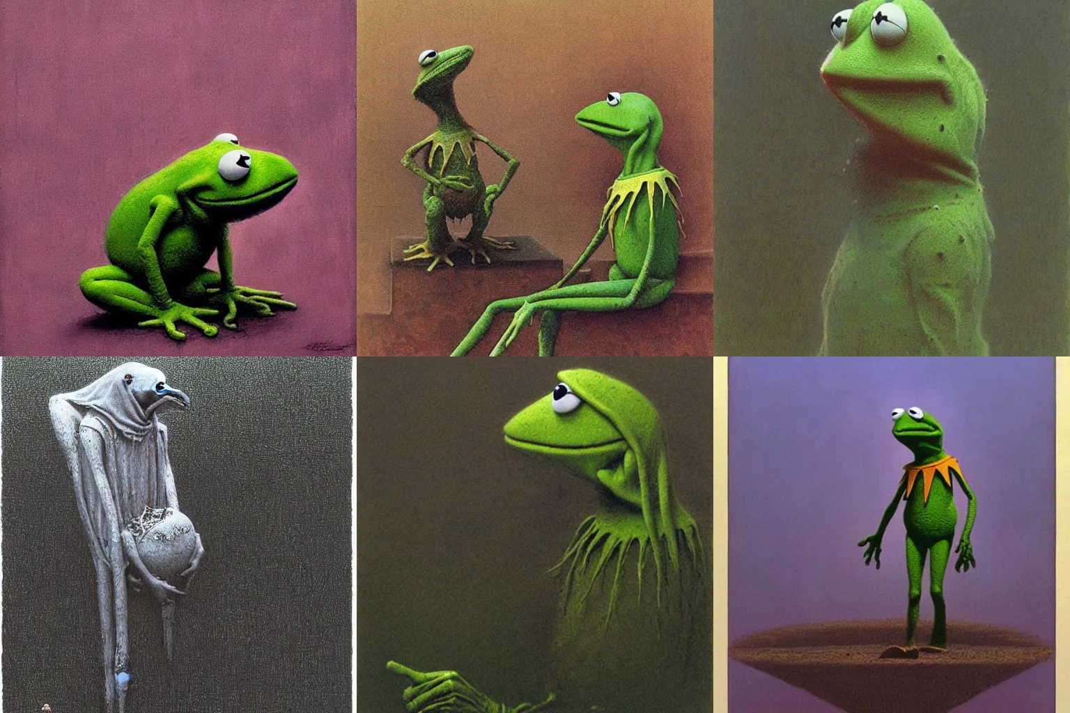 Prompt: Kermit the frog by beksinski