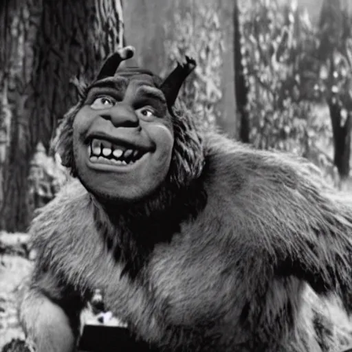 Prompt: film still of Shrek as a werewolf in The Wolf Man 1941