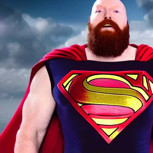 Image similar to angriestpat with red beard starring as superman, movie still, 8 k