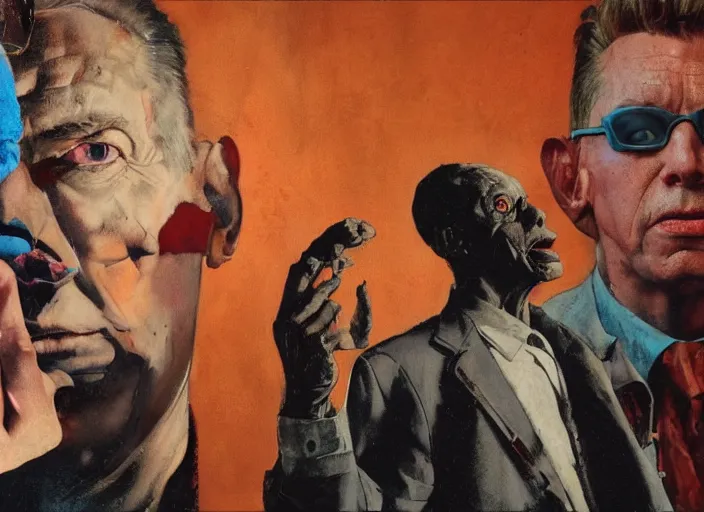 Image similar to a still from the movie avengers : endgame by of francis bacon and norman rockwell and james jean, a still from the movie the shawshank redemption, still from the movie pulp fiction, triadic color scheme, by greg rutkowski, syd mead and edward hopper and norman rockwell and beksinski, dark surrealism, orange and turquoise