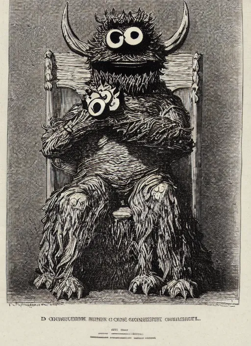 Prompt: cookie monster sits upon a throne of cookies, demon from the dictionarre infernal, etching by louis le breton, 1 8 6 9, 1 2 0 0 dpi scan, ultrasharp detail, clean scan